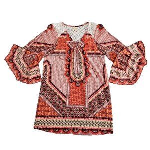 Fig & Flower Blouse Size Medium Red Floral Boho Peasant Tunic Lined Festival GUC